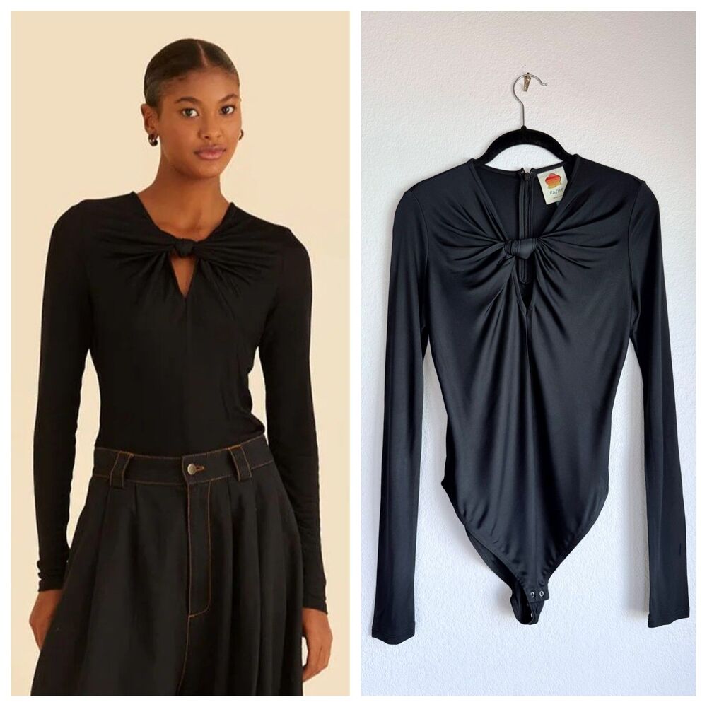 NWOT Farm Rio Twist Front Cut Out Long Sleeve Bodysuit in Black Size XS